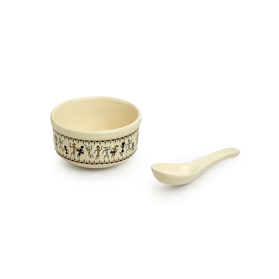 Whispers of Warli' Handcrafted Ceramic Soup Bowls With Spoons (Set of 2 | 300 ML | Microwave Safe)