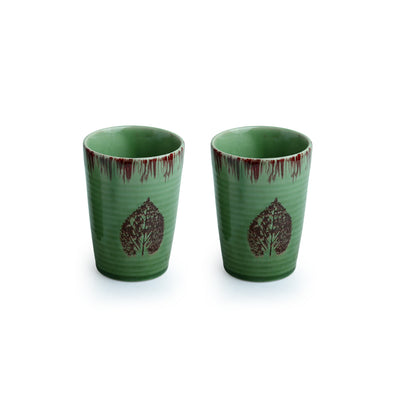 Banyan Leaves' Hand Glazed Studio Pottery Tea & Milk Glasses In Ceramic (Set of 2 | 260 ML | Microwave Safe)