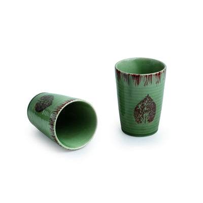 Banyan Leaves' Hand Glazed Studio Pottery Tea & Milk Glasses In Ceramic (Set of 2 | 260 ML | Microwave Safe)