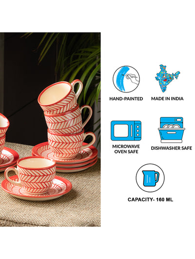 Red Chevrons' Hand-Painted Ceramic Tea Cups With Saucers (Set of 6 | 160ML | Microwave Safe)
