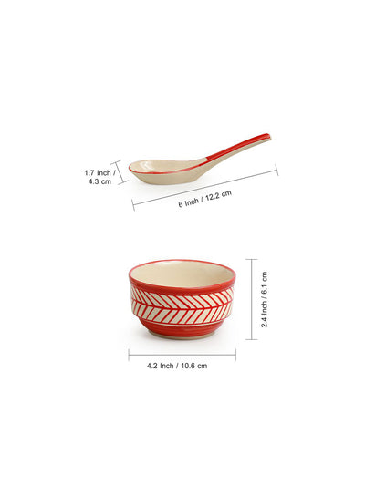 Red Chevrons' Handcrafted Ceramic Soup Bowls With Spoons (Set of 2 | 250 ML | Microwave Safe)