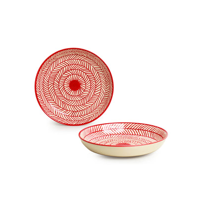 Red Chevrons' Hand-Painted Ceramic Dinner Plates (Set Of 2 | 9 Inches | Microwave Safe)