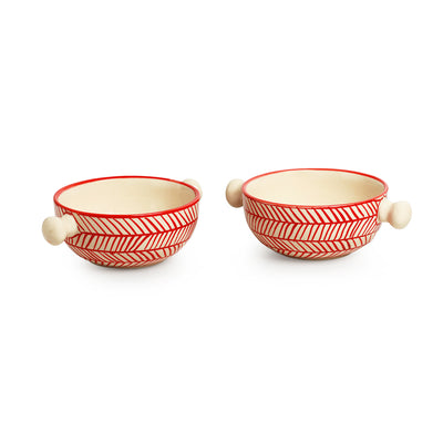 Red Chevrons' Hand-Painted Ceramic Dinner Plates With Serving Bowls & Katoris (10 Pieces | Serving for 4 | Microwave Safe)