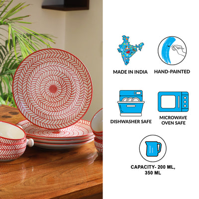 Red Chevrons' Hand-Painted Ceramic Dinner Plates With Serving Bowls & Katoris (10 Pieces | Serving for 4 | Microwave Safe)