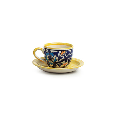 Badamwari Bagheecha' Hand-Painted Ceramic Coffee & Tea Cups With Saucers (Set of 6 | 120 ML | Microwave Safe)