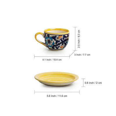 Badamwari Bagheecha' Hand-Painted Ceramic Coffee & Tea Cups With Saucers (Set of 6 | 120 ML | Microwave Safe)
