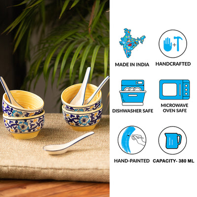 Badamwari Bagheecha' Hand-Painted Ceramic Soup Bowls With Spoons (Set of 4 | 380 ML | Microwave Safe)