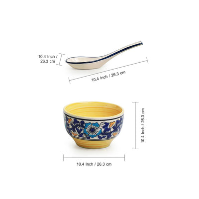 Badamwari Bagheecha' Hand-Painted Ceramic Soup Bowls With Spoons (Set of 4 | 380 ML | Microwave Safe)