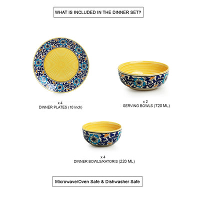 Badamwari Bagheecha' Hand-Painted Ceramic Dinner Plates | Serving Bowls & Katoris (10 Pieces | Serving for 4 | Microwave Safe)