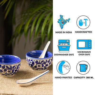 Badamwari Bagheecha-2' Hand-painted Ceramic Soup Bowls With Spoons (Set of 2 | 380 ML | Microwave Safe)