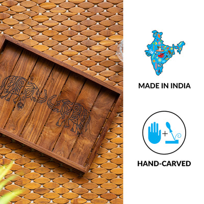 'Ethereal Elephants' Hand-Carved Serving Tray In Sheesham Wood