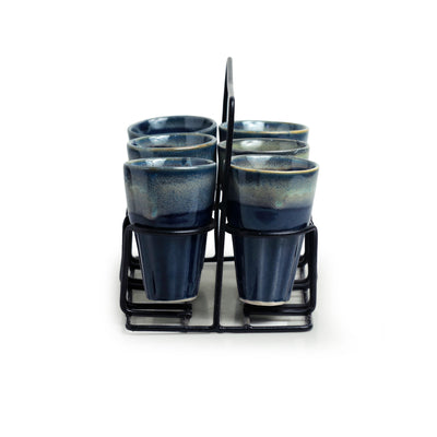 'Buzzing Blues' Tea Chai Glasses In Stoneware With Iron Holder (Set of 6)