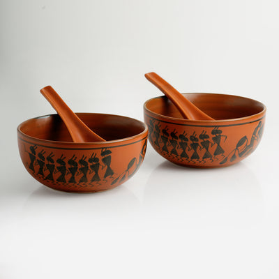 'Bowl Dancing' Warli Hand-Painted Soup Dishes With Spoons In Ceramic (Set Of 2)