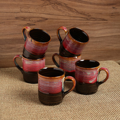 'Crimson Nightfalls' Studio Pottery Glazed Tea & Coffee Cups In Ceramic (Set Of 6)