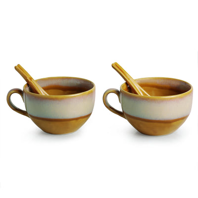 Soup Bowls With Spoons Dual Glazed Studio Pottery In Ceramic (Set Of 2)