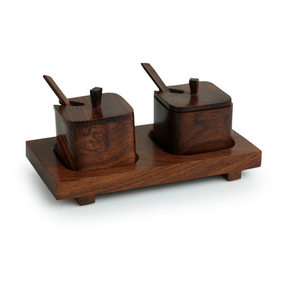 'Wood  Serving Squares' Handcrafted Wooden Refreshment Jars With Spoon And Tray