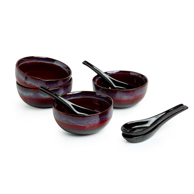 'Magma Bowls' Hand Glazed Studio Pottery Ceramic Soup Bowls With Spoons (Set Of 4)