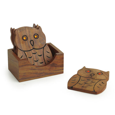 'An Owlsome Day' Coasters & Stand With Hand Carved Owl Motif In Sheesham Wood (Set Of 4)