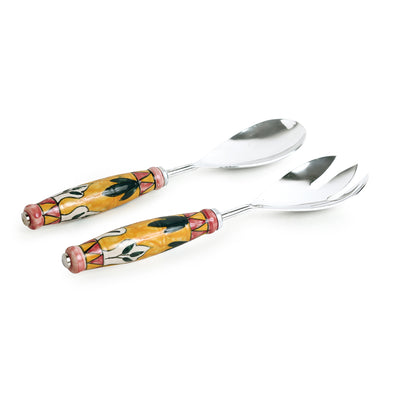The Mughal Patti' Hand-Painted  Serving Spoon & Fork Set In Stainless Steel & Ceramic (Set of 2)