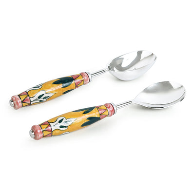 The Mughal Patti' Hand-Painted Serving Spoon Set In Stainless Steel & Ceramic (Set of 2)