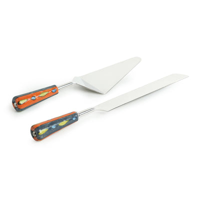 The Mughal Aakar' Hand-Painted Cake Server & Bread Knife In Stainless Steel & Ceramic (Set of 2)