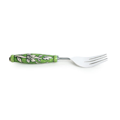 The Mughal Zahri' Hand-Painted Serving Fork & Scraper In Stainless Steel & Ceramic (Set of 2)