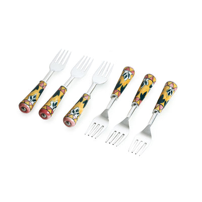 The Mughal Patti' Hand-Painted Table Forks In Stainless Steel & Ceramic (Set of 6)