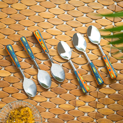 The Mughal Aakar' Hand-Painted Table Spoons In Stainless Steel & Ceramic (Set of 6)
