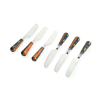The Mughal Aakar' Hand-Painted Table Knives In Stainless Steel & Ceramic (Set of 6)