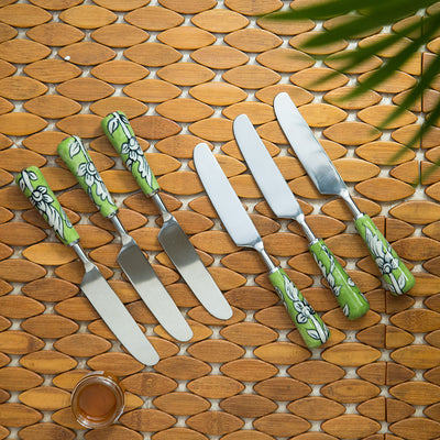 The Mughal Zahri' Hand-Painted Table Knives In Stainless Steel & Ceramic (Set of 6)