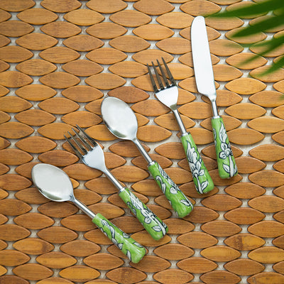 The Mughal Zahri' Hand-Painted Table Cutlery Set In Stainless Steel & Ceramic (Set of 5)