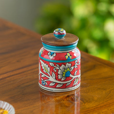 Mughal Cylindrical' Floral Hand-painted Multi-Utility Storage Jar & Container In Ceramic (Airtight | 410 ML | 5.2 Inch)