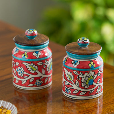 Mughal Cylindrical Duo' Floral Hand-painted Multi Utility Storage Jars & Containers In Ceramic (Airtight | Set of 2 | 410 ML | 5.2 Inch)