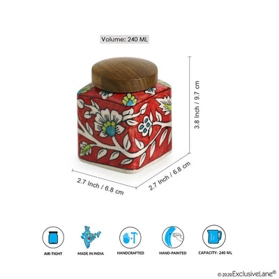 Mughal Cuboidal' Floral Hand-painted Multi Utility Storage Jar & Container In Ceramic (Airtight | 240 ML | 3.8 Inch)