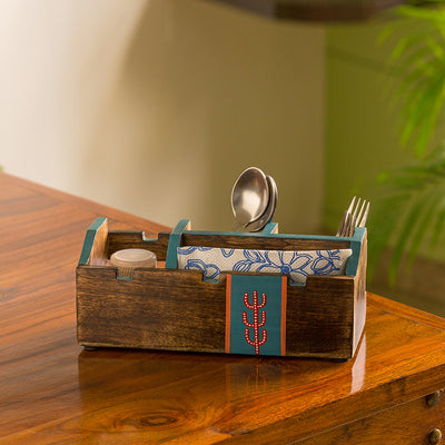 'Oasis Spaces' Hand-Painted Cutlery Holder In Mango Wood (4 Partitions)