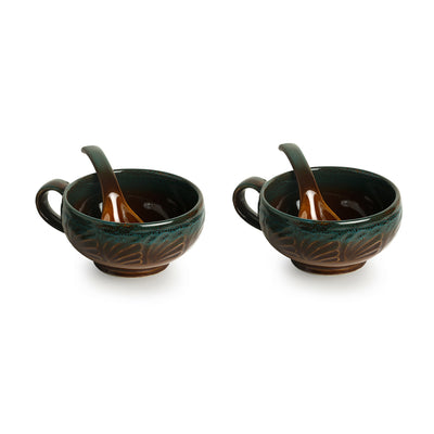 'Amber & Teal' Studio Pottery Soup Bowls With Spoons In Ceramic (Set Of 2)