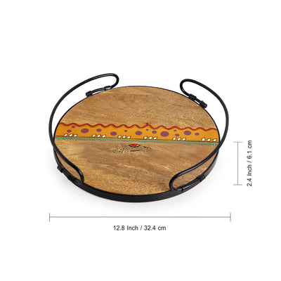 Warli Round' Hand-Painted Tray In Mango Wood & Iron