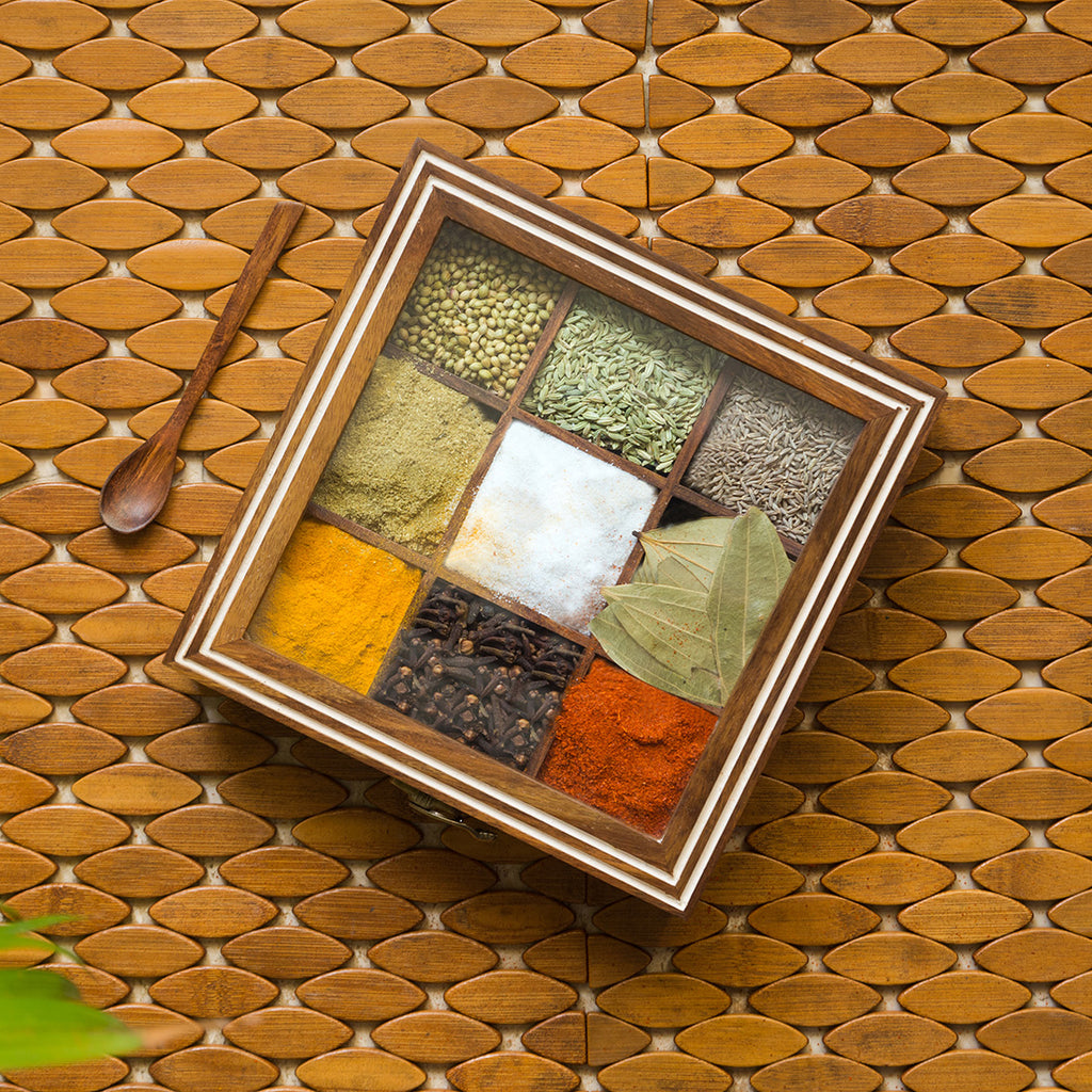Hand Engraved Square Spice Box With Spoon In Sheesham Wood (9 Partitions, 80 ML)