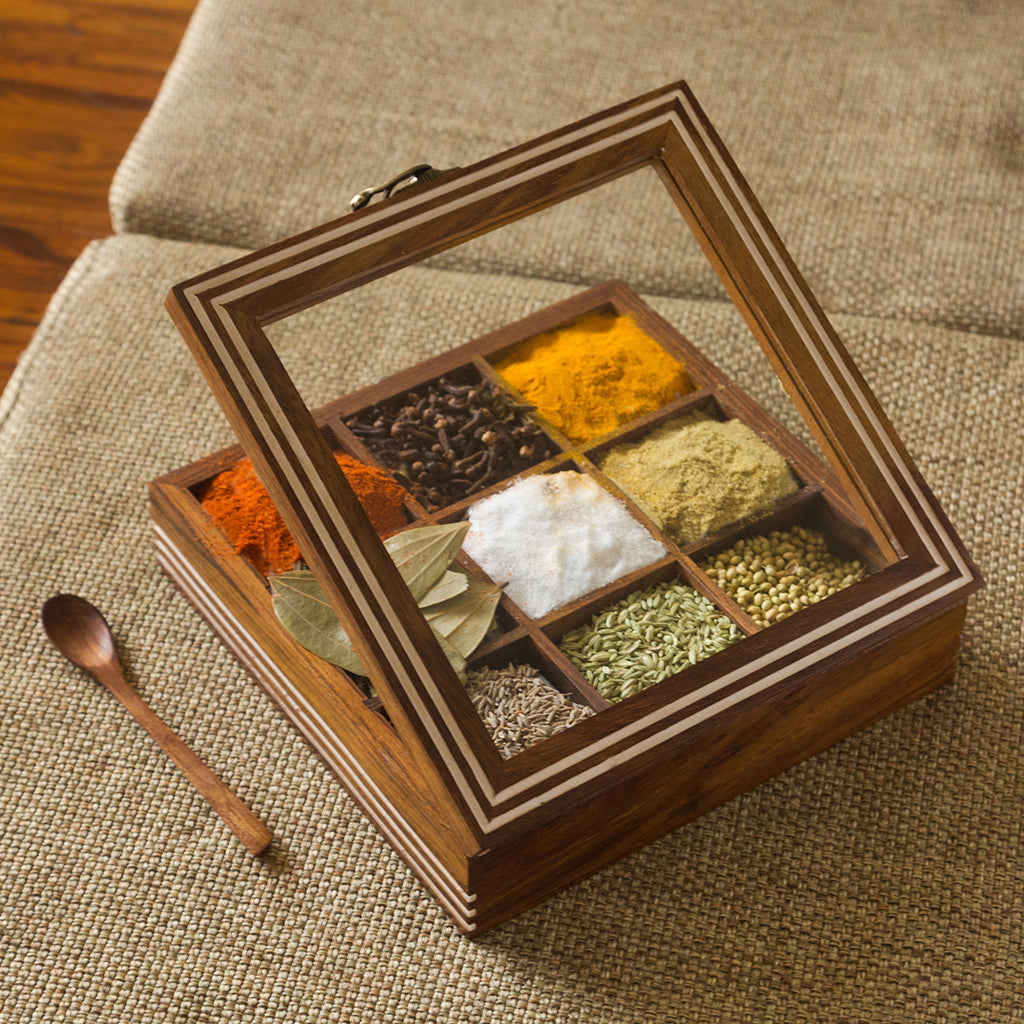 Hand Engraved Square Spice Box With Spoon In Sheesham Wood (9 Partitions, 80 ML)