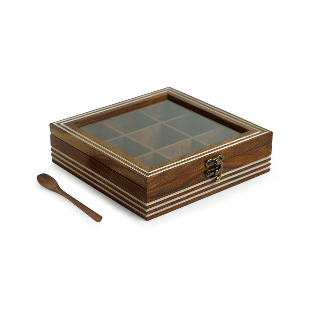 Hand Engraved Square Spice Box With Spoon In Sheesham Wood (9 Partitions, 80 ML)