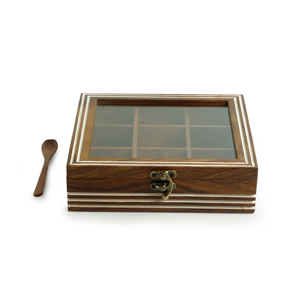 Hand Engraved Square Spice Box With Spoon In Sheesham Wood (9 Partitions, 80 ML)