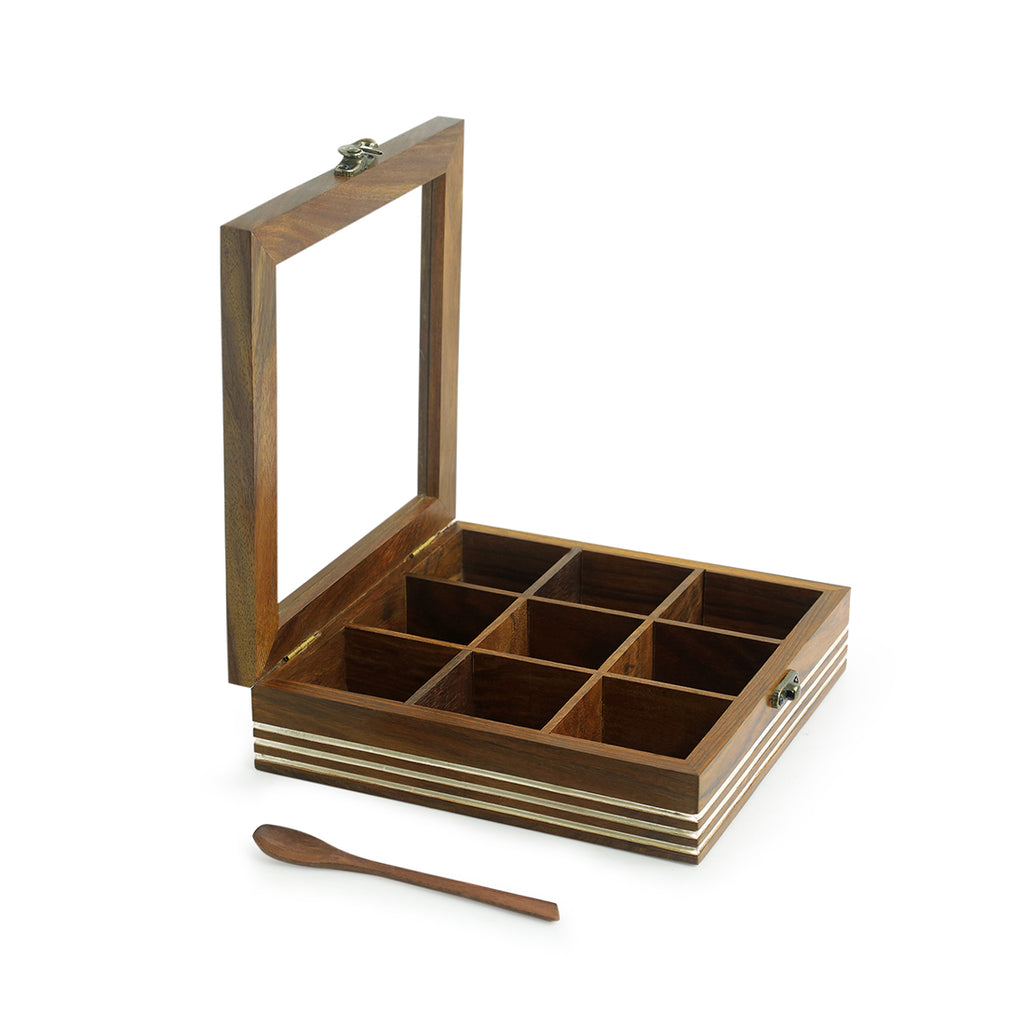 Hand Engraved Square Spice Box With Spoon In Sheesham Wood (9 Partitions, 80 ML)