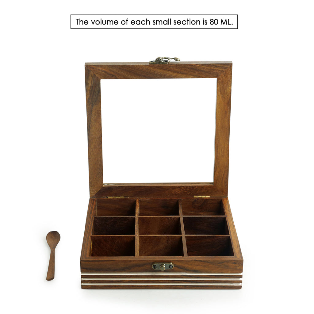 Hand Engraved Square Spice Box With Spoon In Sheesham Wood (9 Partitions, 80 ML)
