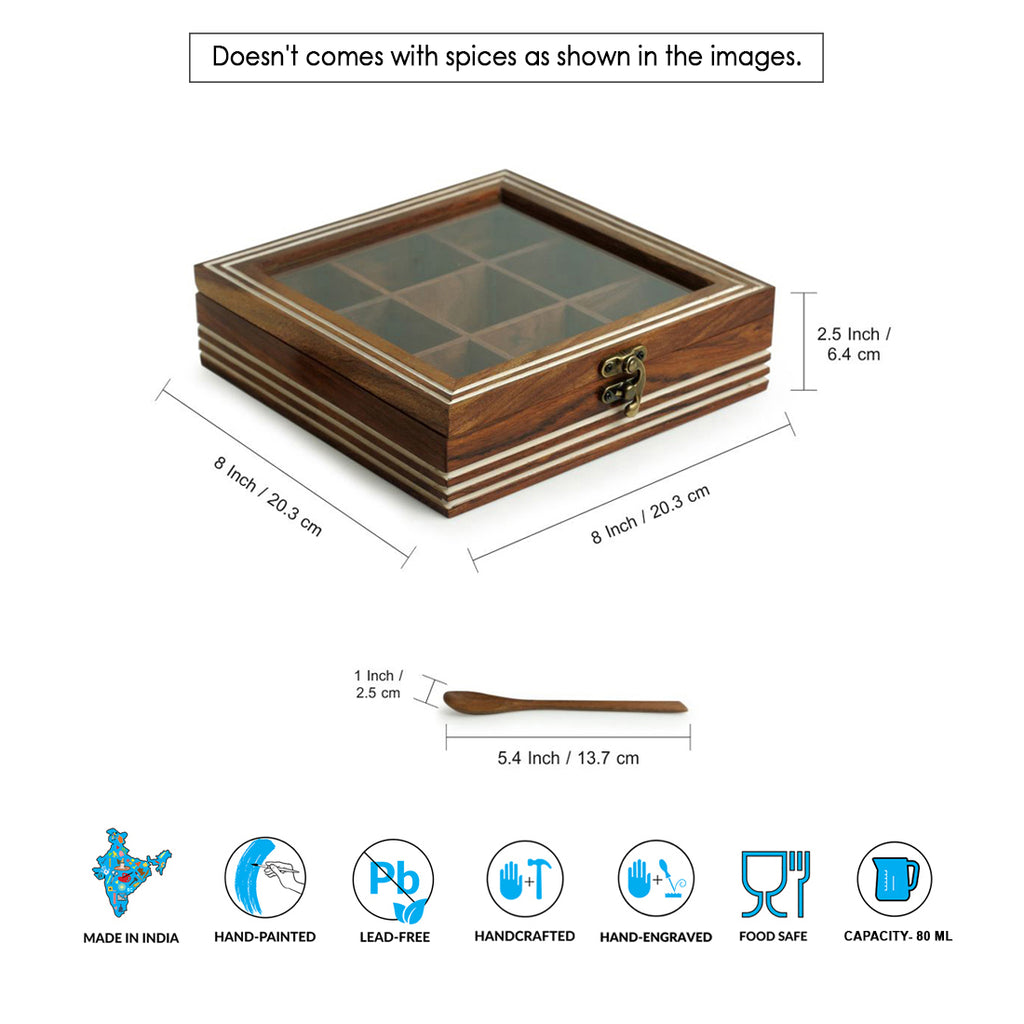 Hand Engraved Square Spice Box With Spoon In Sheesham Wood (9 Partitions, 80 ML)