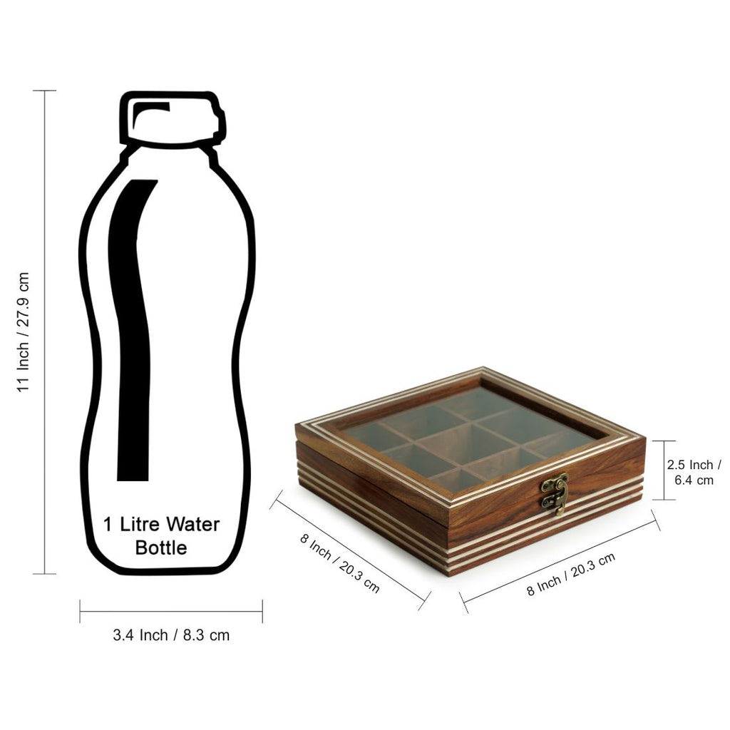 Hand Engraved Square Spice Box With Spoon In Sheesham Wood (9 Partitions, 80 ML)