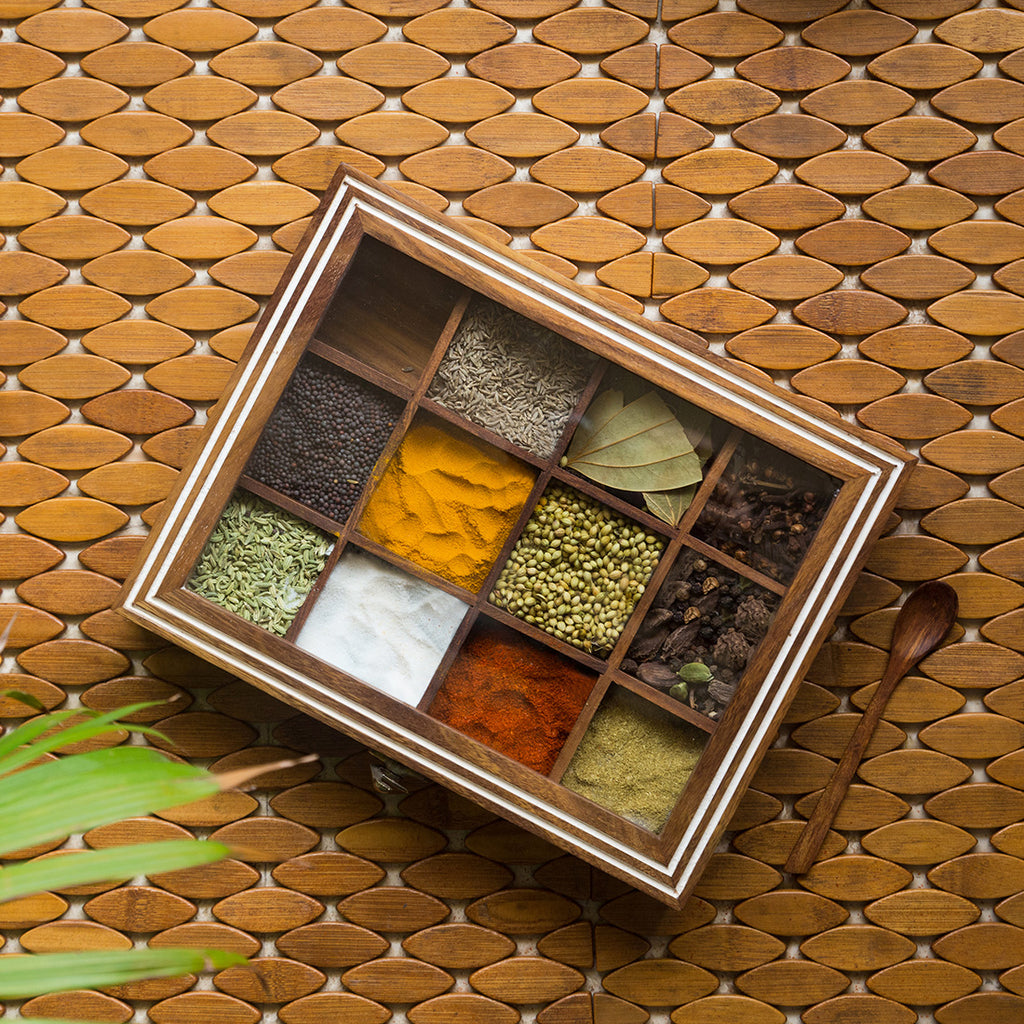 Hand Engraved Rectangular Spice Box With Spoon In Sheesham Wood (12 Partitions, 90 ML)