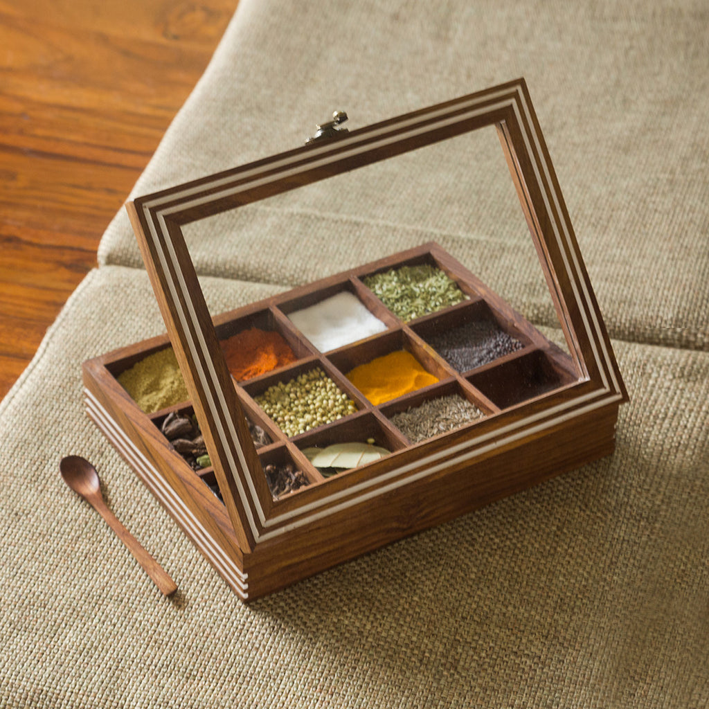 Hand Engraved Rectangular Spice Box With Spoon In Sheesham Wood (12 Partitions, 90 ML)