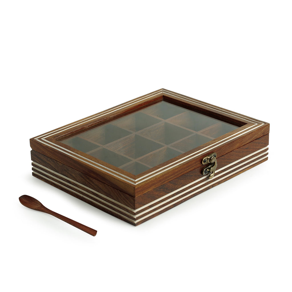 Hand Engraved Rectangular Spice Box With Spoon In Sheesham Wood (12 Partitions, 90 ML)