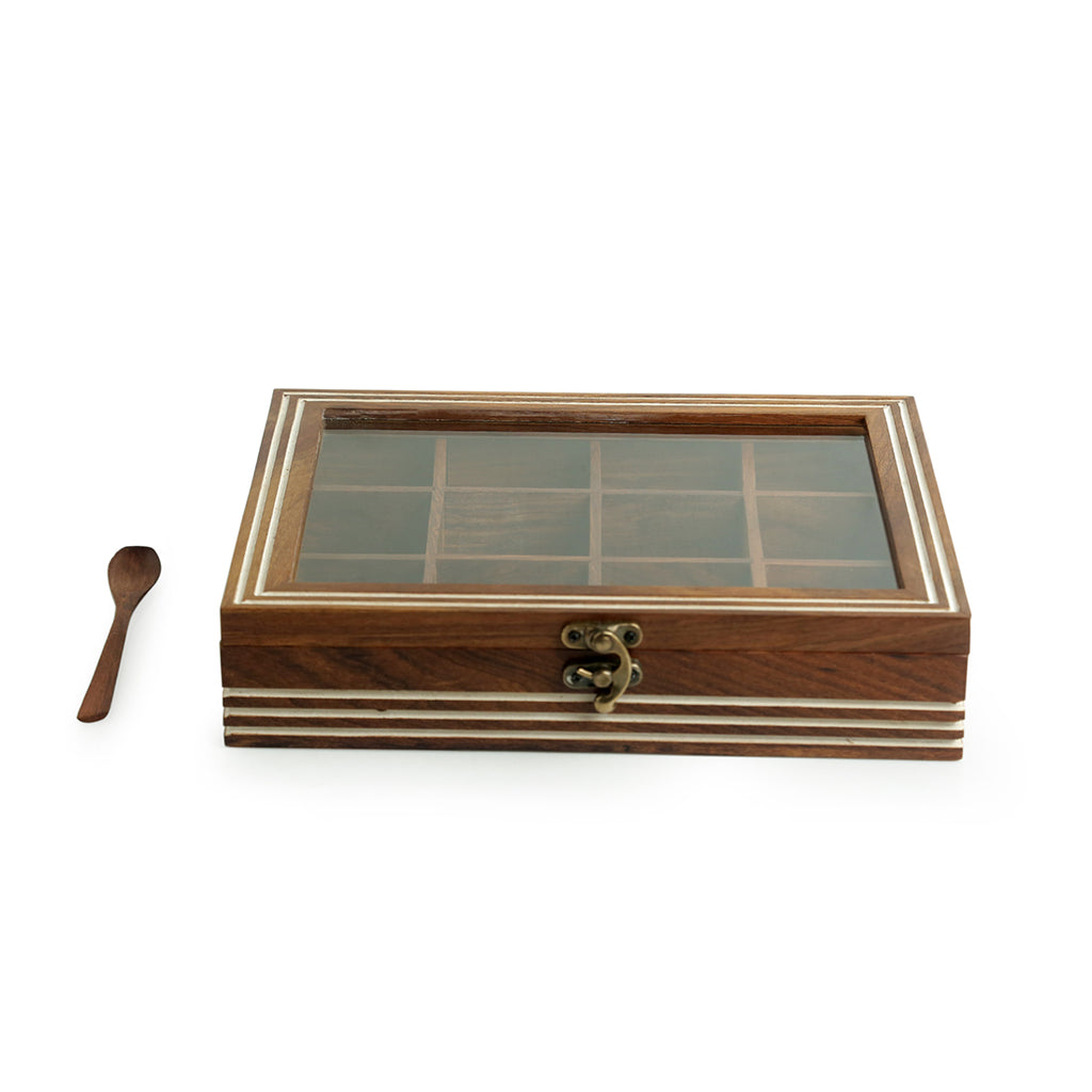 Hand Engraved Rectangular Spice Box With Spoon In Sheesham Wood (12 Partitions, 90 ML)