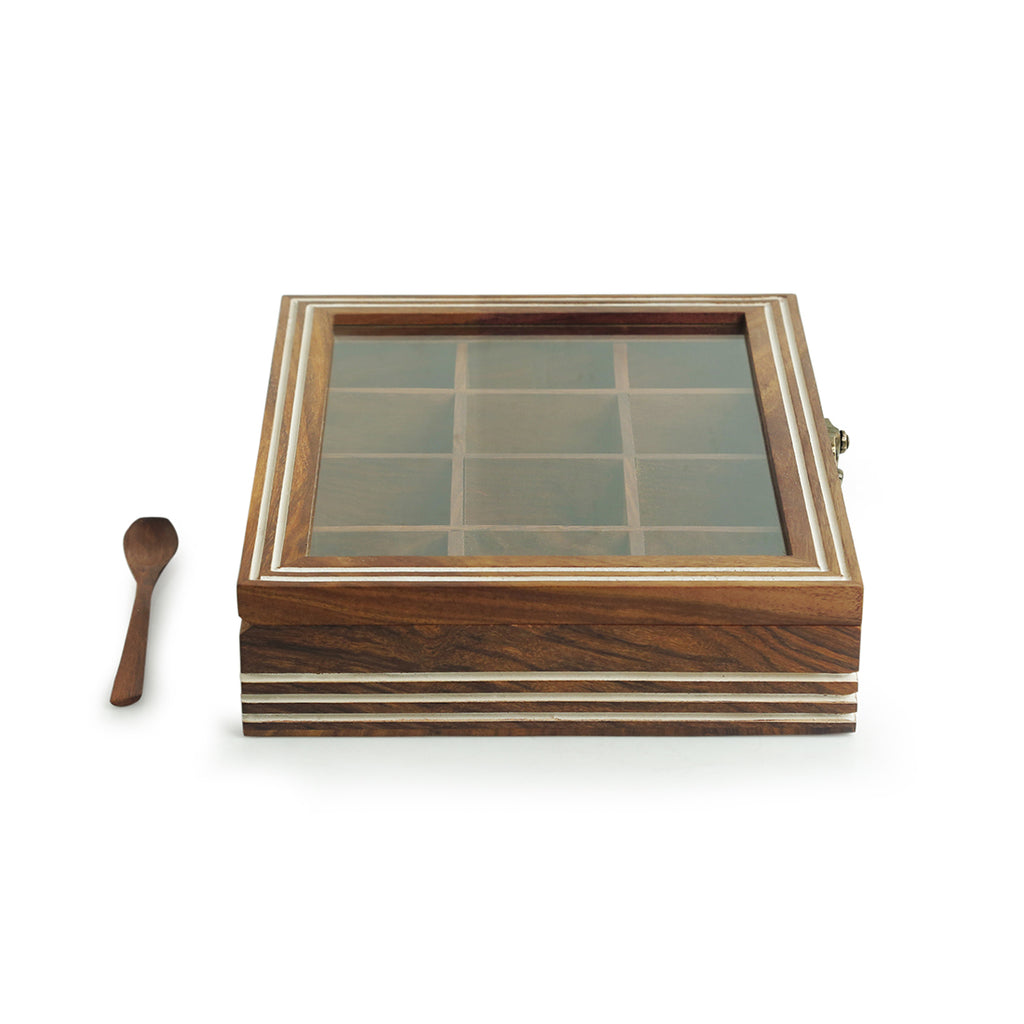 Hand Engraved Rectangular Spice Box With Spoon In Sheesham Wood (12 Partitions, 90 ML)